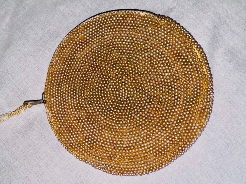 Vintage Beaded Round Coin Purse Gold Pearl Clutching Ring Zipper